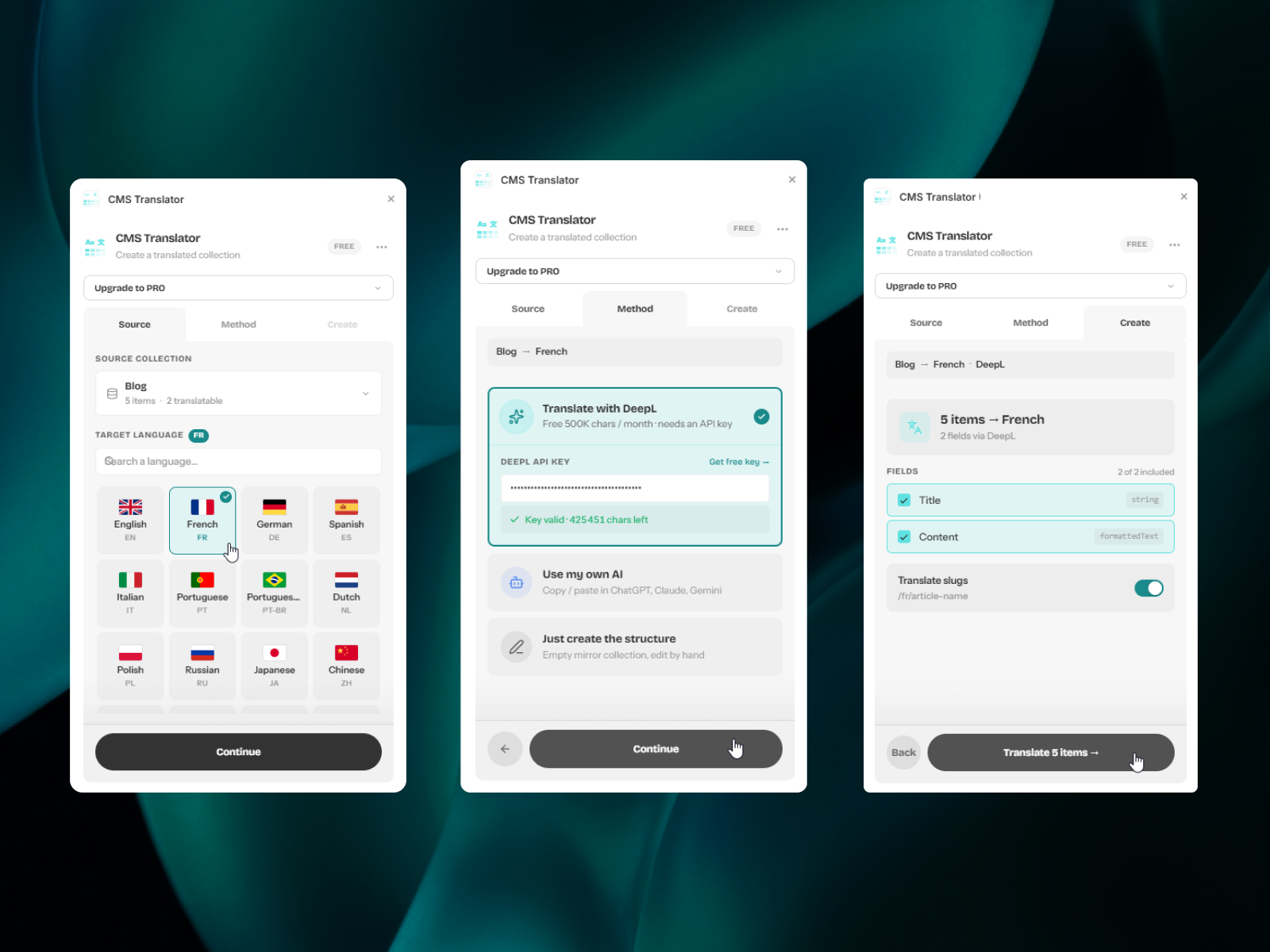 CMS Translator three-step flow: source, method, create