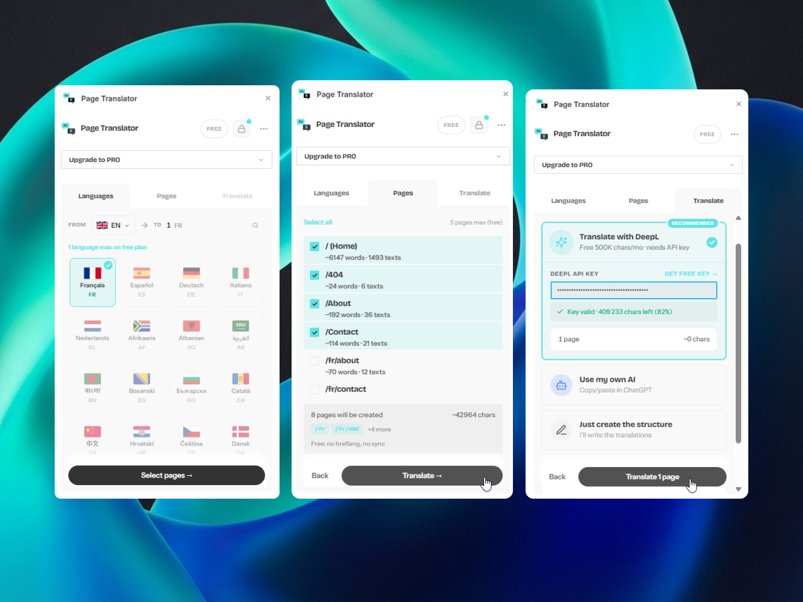 Page Translator setup and pages selection